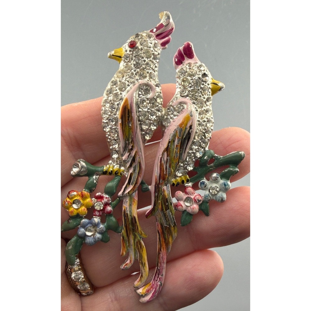Vintage Pot Metal Cockatiel Bird Brooch Rhinestone Enamel Flowers 3.5" READ